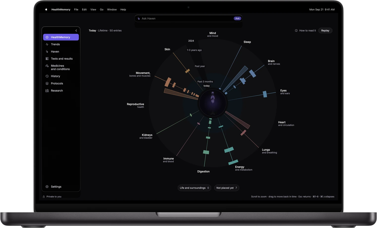 The HealthMemory home screen on a MacBook Pro